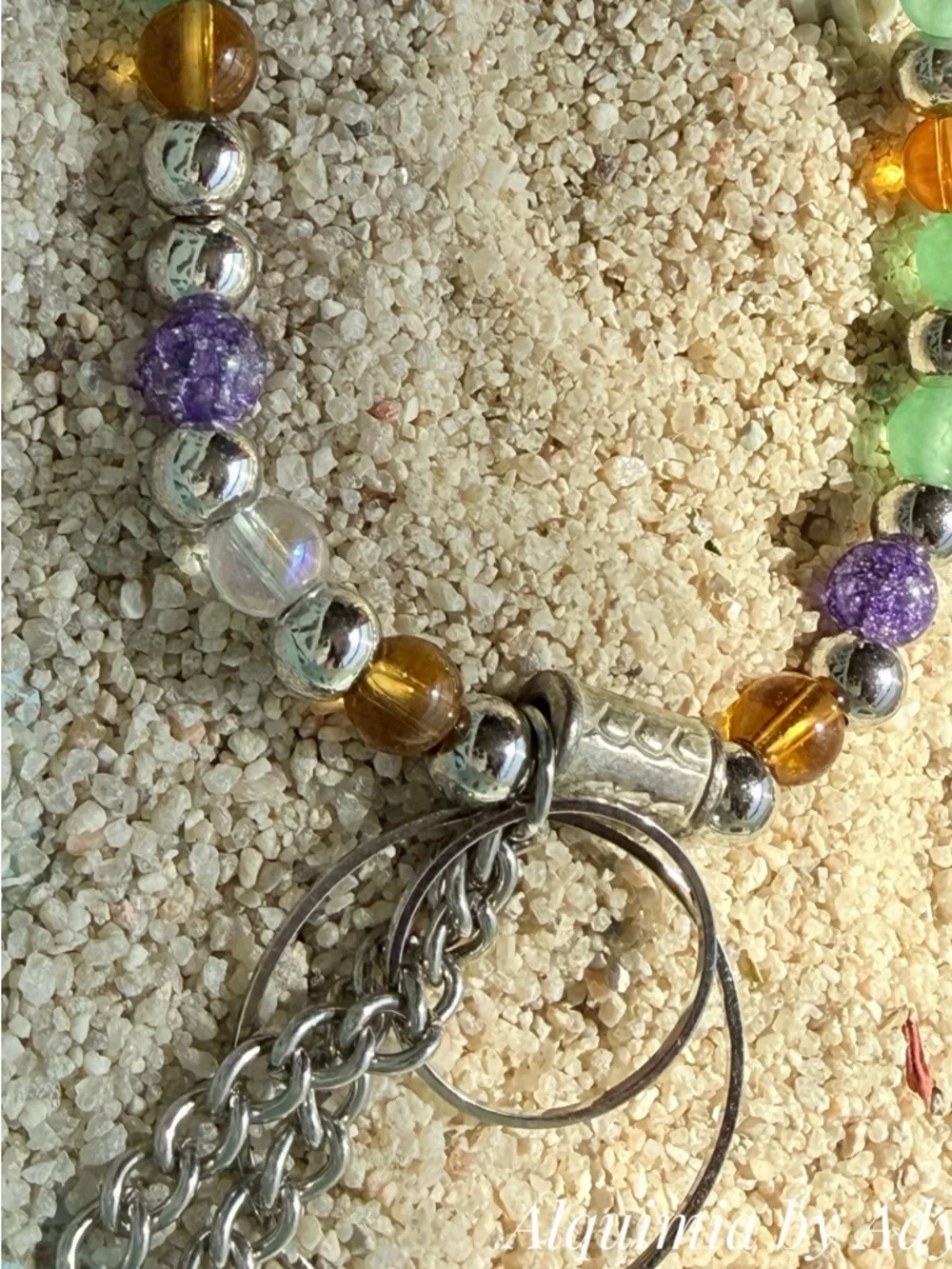 GEMSTONES Green, Amber, White & Purple Beaded Bracelet with Silver Tassel